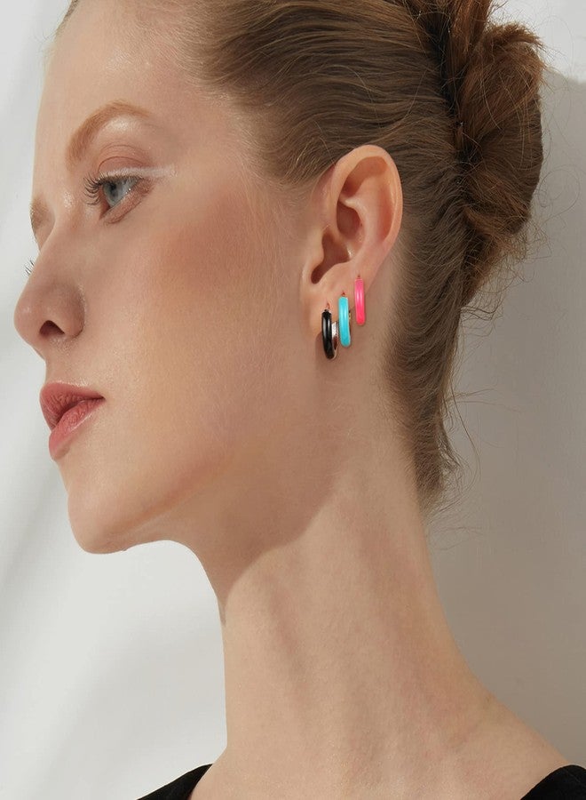 Lourny Small Hoop Enamel Earrings for Women, 18K Gold Plated Colorful Hypoallergenic Cute Cubic Zirconia Huggie Earring Gifts for Women (Neon Pink & Blue) - Image 2